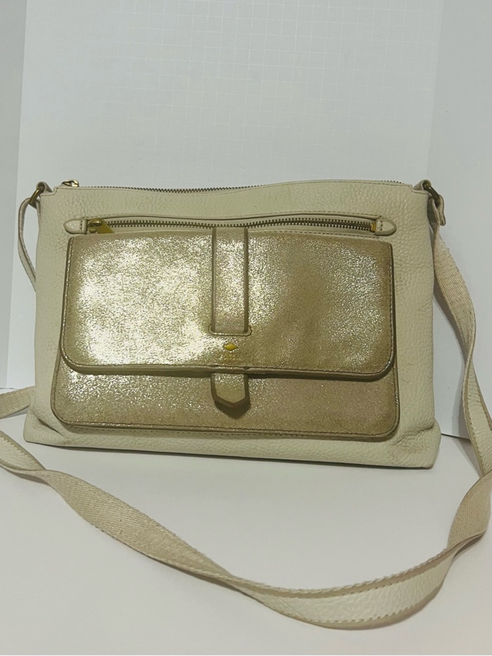 Fossil Cream Crossbody with Metallic Gold Front Pocket Panel